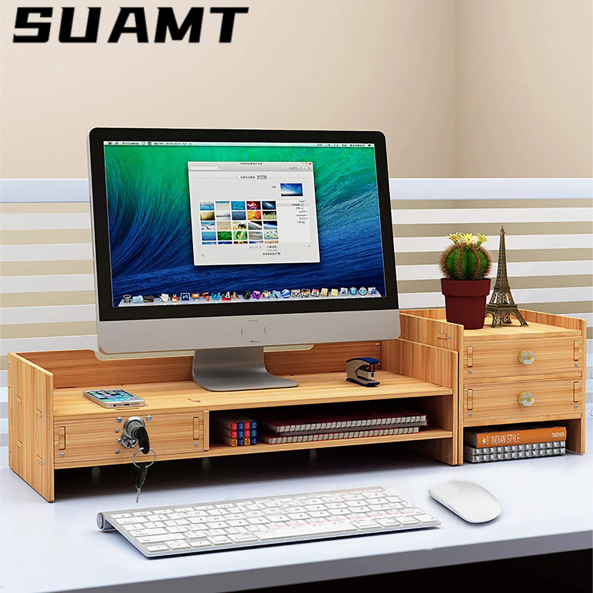 Wooden Desk Organizer W/ Drawer File Storage Monitor Riser Computer Stand