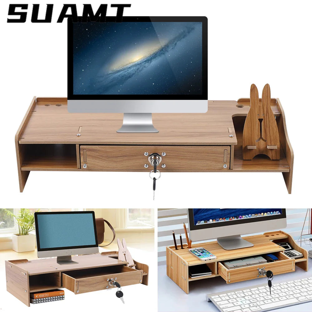 Wooden Desk Organizer W/ Drawer File Storage Monitor Riser Computer Stand