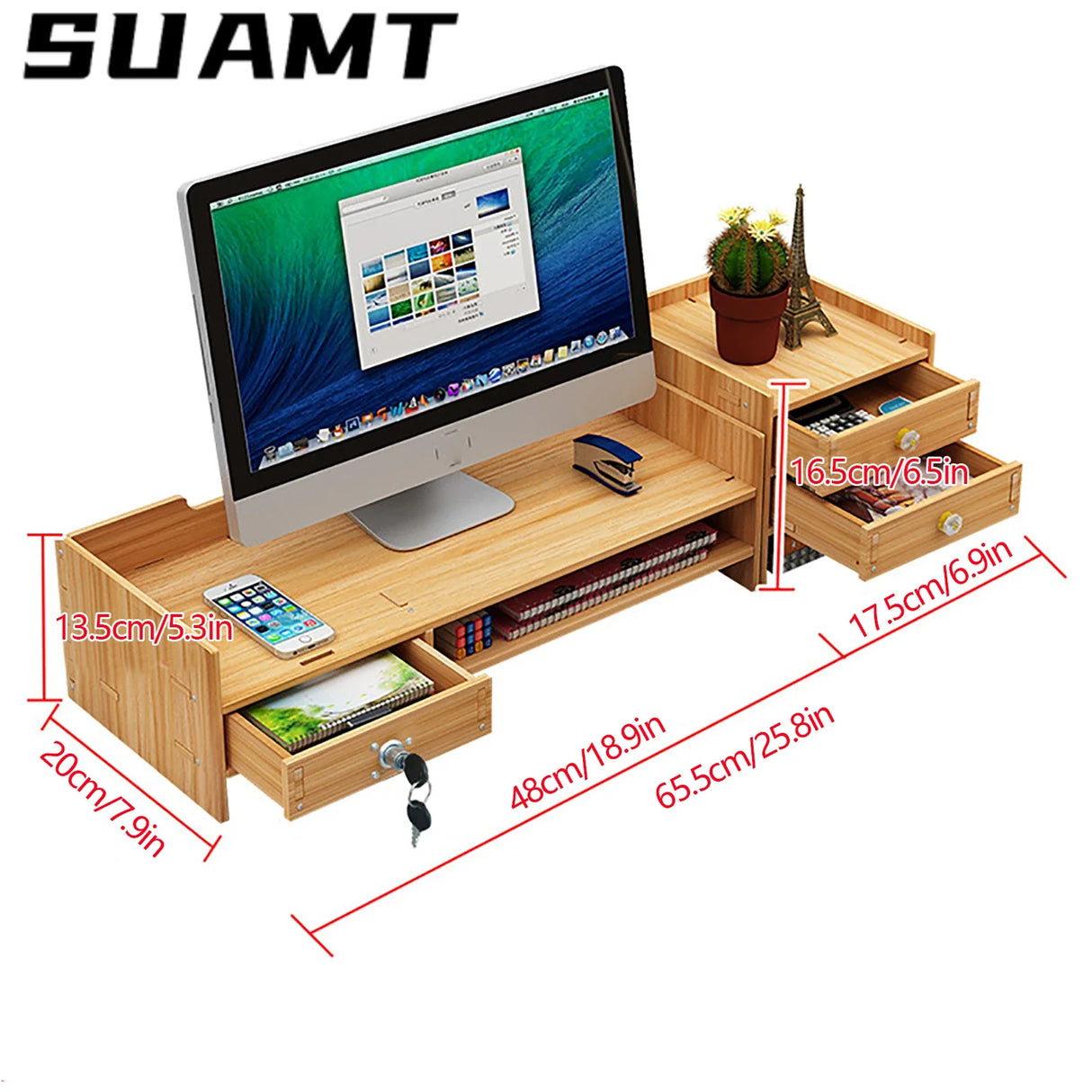 Wooden Desk Organizer W/ Drawer File Storage Monitor Riser Computer Stand