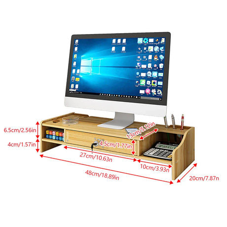 Wooden Desk Organizer W/ Drawer File Storage Monitor Riser Computer Stand