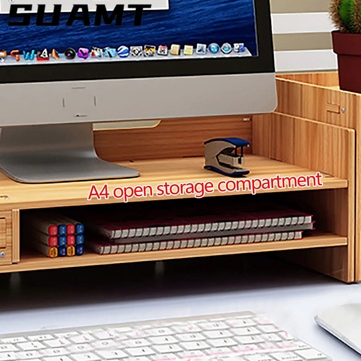 Wooden Desk Organizer W/ Drawer File Storage Monitor Riser Computer Stand