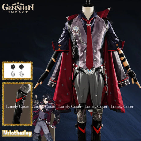 Wriothesley Cosplay Costume Genshin Impact Wig Game Ear Clips Leggings Cloak Pants Gloves Fontaine Halloween Party Men