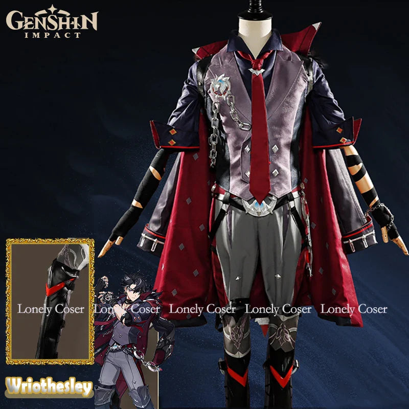 Wriothesley Cosplay Costume Genshin Impact Wig Game Ear Clips Leggings Cloak Pants Gloves Fontaine Halloween Party Men