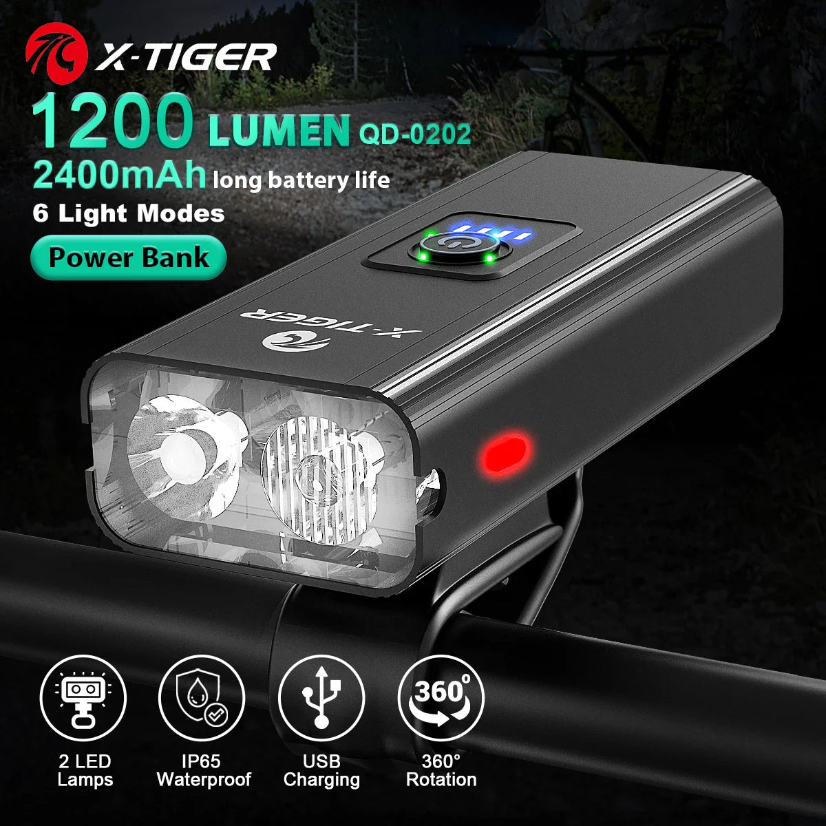 X-TIGER Bicycle Lights Waterproof USB Charging Bike Light  Aluminum LED Front Lamp Bike Headlight Power Bank Cycling Flashlight