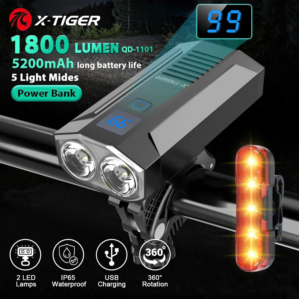 X-Tiger Bike Light Headlight Bicycle Lamp With Power Bank Rechargeable LED 5200mAh MTB Bicycle Light Flashlight Bike Accessories