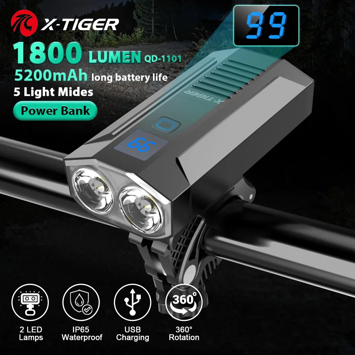 X-Tiger Bike Light Headlight Bicycle Lamp With Power Bank Rechargeable LED 5200mAh MTB Bicycle Light Flashlight Bike Accessories