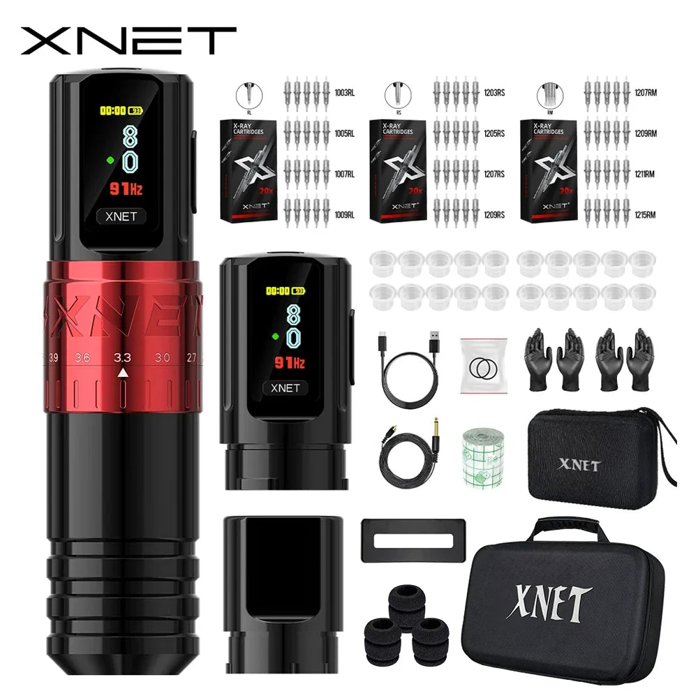 XNET Vipera Wireless Tattoo Machine Kit Adjustable Stroke 2.4-4.2mm OLED Display 60pcs Mixed Tattoo Cartridge for Tattoo Artists