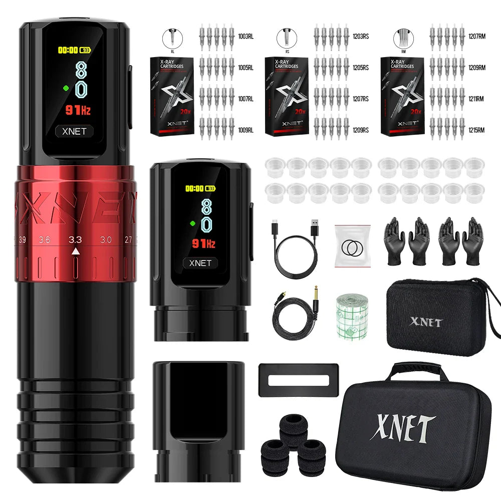 XNET Vipera Wireless Tattoo Machine Kit Adjustable Stroke 2.4-4.2mm OLED Display 60pcs Mixed Tattoo Cartridge for Tattoo Artists