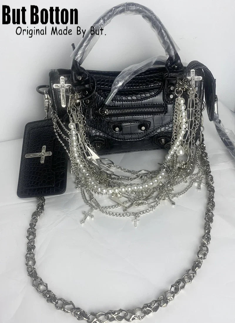 Y2K Punk Metal Cross Skeleton head Chain Pearl Chain Women Shoulder Bag Handbag Decorative chains Pendant DIY Accessories