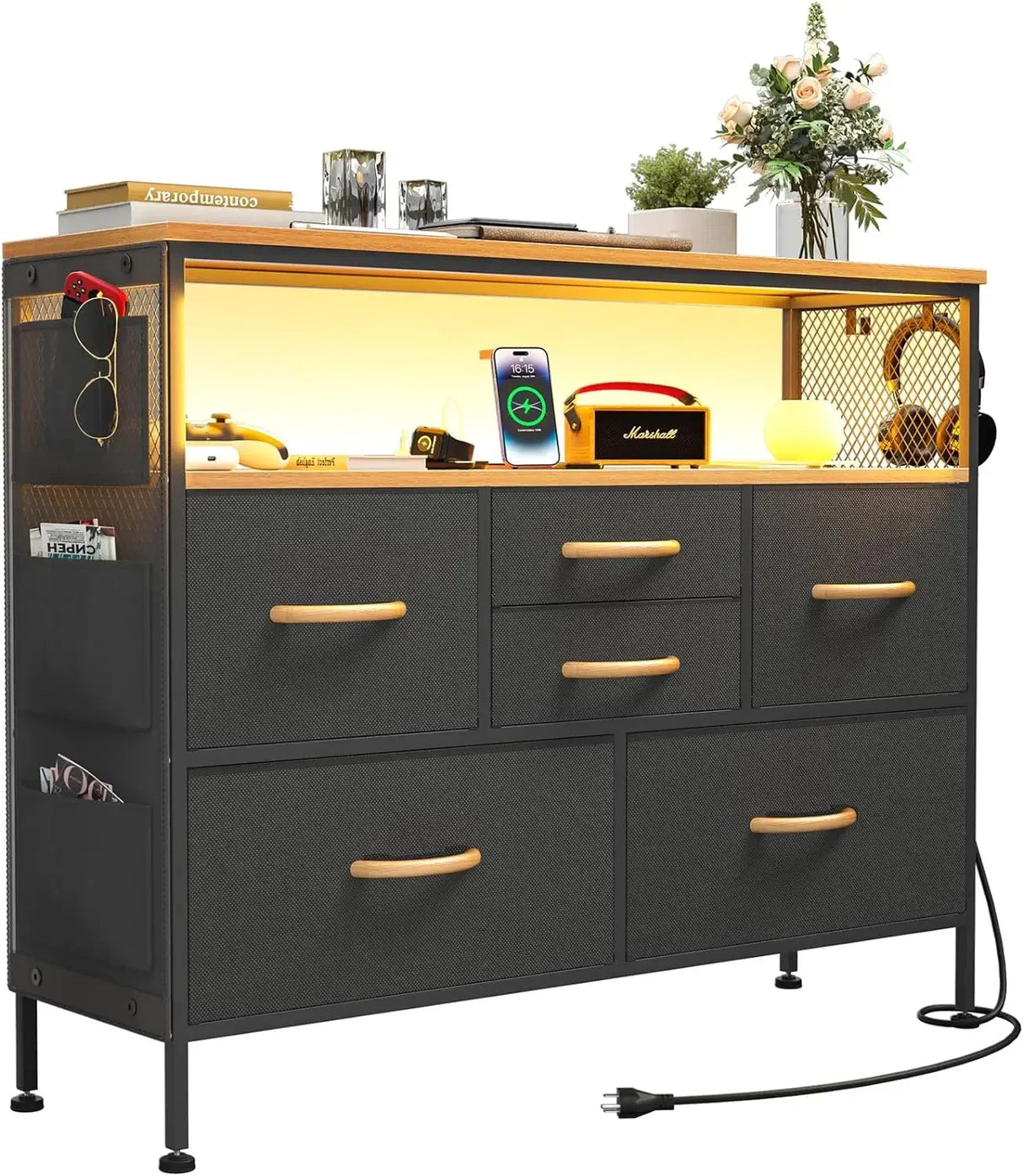 YILQQPER Dresser for Bedroom TV Stand with Power Outlets and LED Light, 6 Drawers Dresser with Side Pockets & Hooks