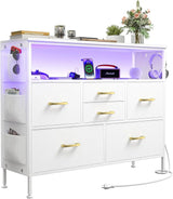 YILQQPER Dresser for Bedroom TV Stand with Power Outlets and LED Light, 6 Drawers Dresser with Side Pockets & Hooks