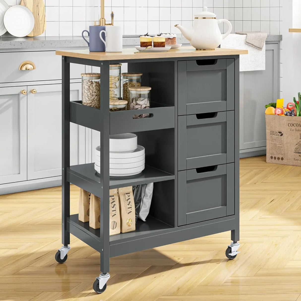 YITAHOME Kitchen Island with Storage, Kitchen Cart for Home, Rolling Serving Utility Trolley Cart on Wheel with 3 Drawers