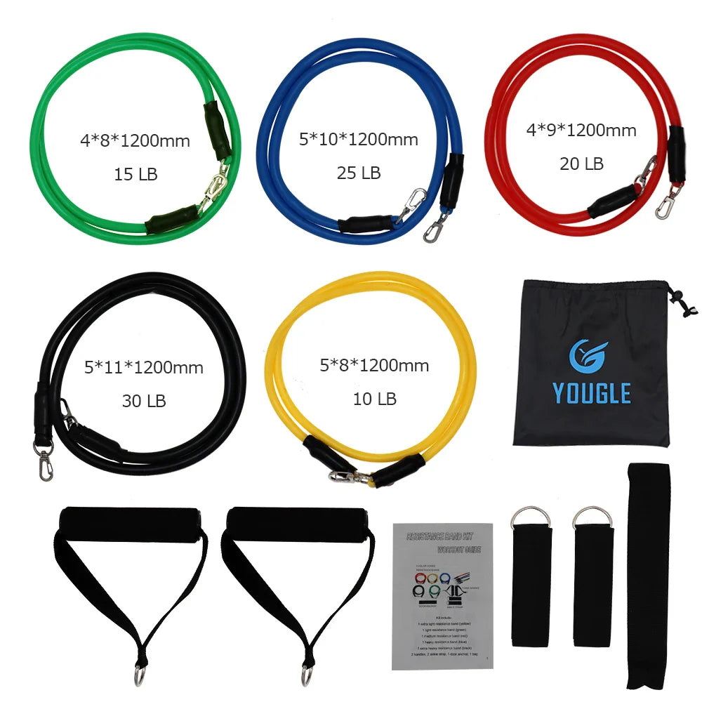 YOUGLE 11pcs /set Resistance Bands Set Latex Tubes Pull Rope With Door Anchor Handles Ankle Straps For Training Physical Therapy