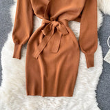 YuooMuoo Autumn Winter Women Knitted Sweater Dress Solid All Match Long Sleeve Short Dress with Belt Streetwear Lady Y2K Vestido