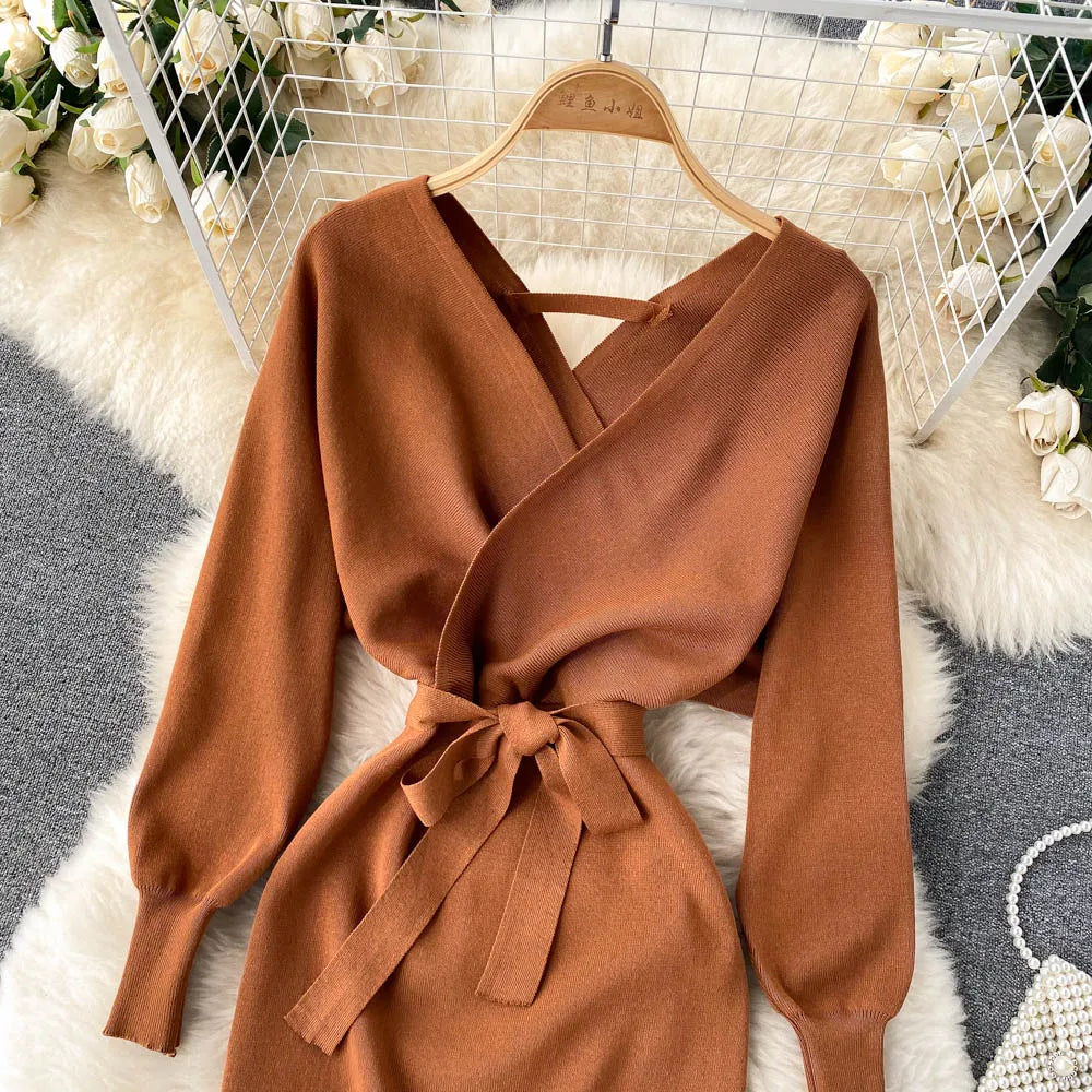 YuooMuoo Autumn Winter Women Knitted Sweater Dress Solid All Match Long Sleeve Short Dress with Belt Streetwear Lady Y2K Vestido