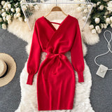 YuooMuoo Autumn Winter Women Knitted Sweater Dress Solid All Match Long Sleeve Short Dress with Belt Streetwear Lady Y2K Vestido