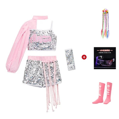 ZZL Jazz Dance Hip-hop Costume Urban Dance Girl Clothes Pink Sequin Style Dace Wear Teen Street Shiny Cool Clothes for Children