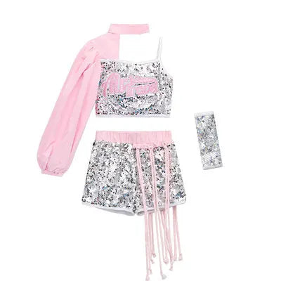 ZZL Jazz Dance Hip-hop Costume Urban Dance Girl Clothes Pink Sequin Style Dace Wear Teen Street Shiny Cool Clothes for Children