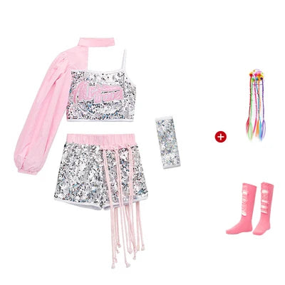 ZZL Jazz Dance Hip-hop Costume Urban Dance Girl Clothes Pink Sequin Style Dace Wear Teen Street Shiny Cool Clothes for Children