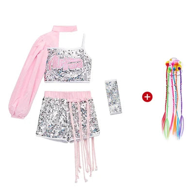 ZZL Jazz Dance Hip-hop Costume Urban Dance Girl Clothes Pink Sequin Style Dace Wear Teen Street Shiny Cool Clothes for Children