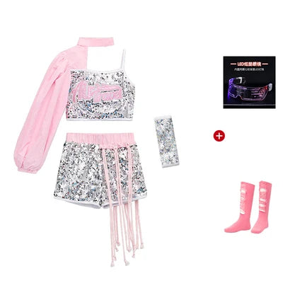 ZZL Jazz Dance Hip-hop Costume Urban Dance Girl Clothes Pink Sequin Style Dace Wear Teen Street Shiny Cool Clothes for Children