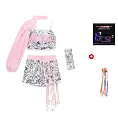 ZZL Jazz Dance Hip-hop Costume Urban Dance Girl Clothes Pink Sequin Style Dace Wear Teen Street Shiny Cool Clothes for Children