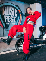 ZZL K-pop Stage Outfits Urban Dance Girl Clothes 3 Pcs Red Black White Costumes Hip-hop Jazz Dance Wear Kids Show Pant Suit