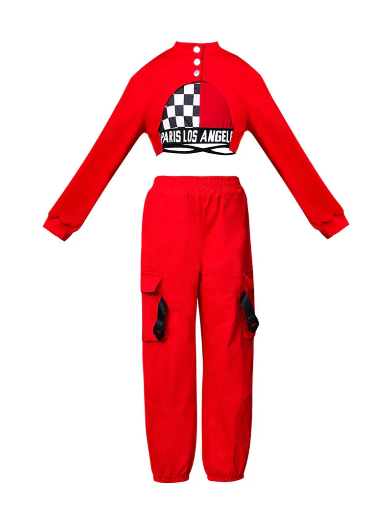 ZZL K-pop Stage Outfits Urban Dance Girl Clothes 3 Pcs Red Black White Costumes Hip-hop Jazz Dance Wear Kids Show Pant Suit