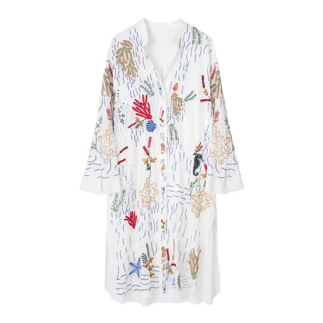 Zevity New Women Vintage Stand Collar Floral Embroidery Side Split Midi Shirt Dress Female Chic Single Breasted Vestidos DS4090