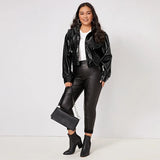 Zip Up Patent Leather Jacket for Women, Long Sleeve, Casual, PU Turn-down Collar Short Coats Outwear Motorcycle Jacket Plus Size