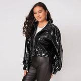 Zip Up Patent Leather Jacket for Women, Long Sleeve, Casual, PU Turn-down Collar Short Coats Outwear Motorcycle Jacket Plus Size