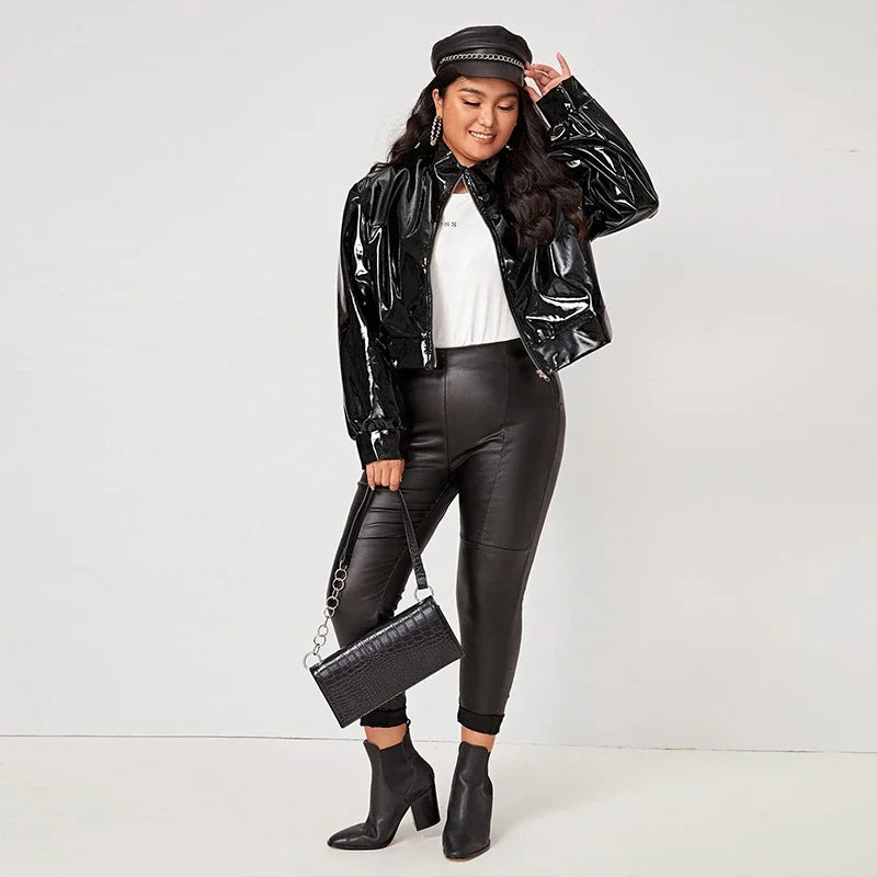 Zip Up Patent Leather Jacket for Women, Long Sleeve, Casual, PU Turn-down Collar Short Coats Outwear Motorcycle Jacket Plus Size