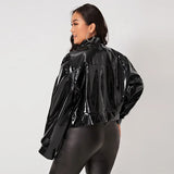 Zip Up Patent Leather Jacket for Women, Long Sleeve, Casual, PU Turn-down Collar Short Coats Outwear Motorcycle Jacket Plus Size