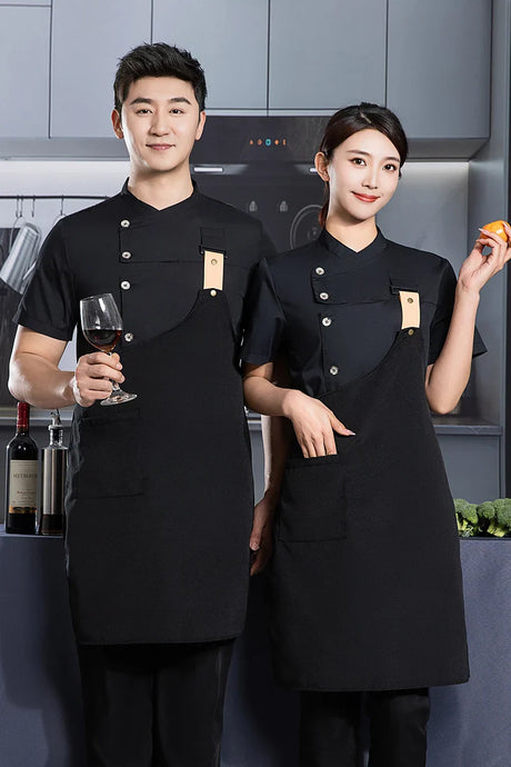 black chef uniform Chef Jacket Short Sleeve Cook Coat Chef T-shirt Baker Work Uniform Waiter Restaurant Hotel Clothes women Logo