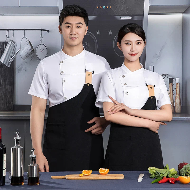 black chef uniform Chef Jacket Short Sleeve Cook Coat Chef T-shirt Baker Work Uniform Waiter Restaurant Hotel Clothes women Logo