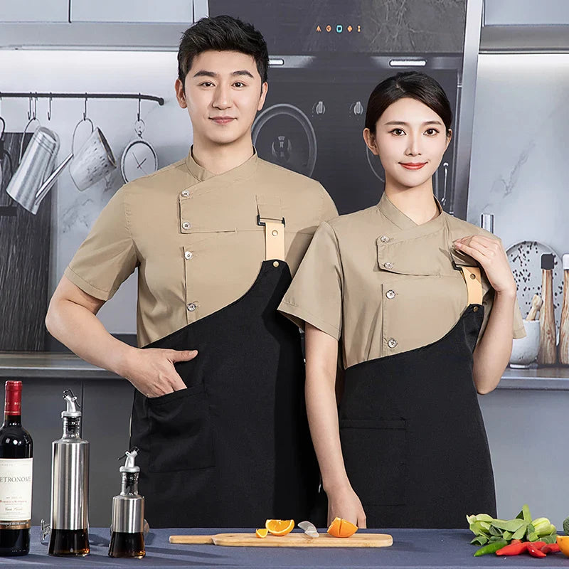 black chef uniform Chef Jacket Short Sleeve Cook Coat Chef T-shirt Baker Work Uniform Waiter Restaurant Hotel Clothes women Logo