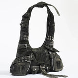 vintage Multiple pockets denim women shoulder bags punk wide strap rivet lady  handbags retro Underarm Bags Female purses 2023