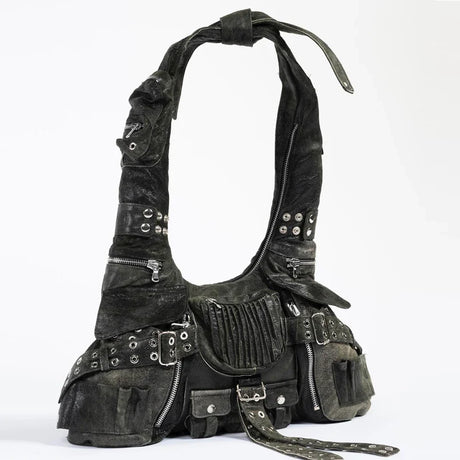 vintage Multiple pockets denim women shoulder bags punk wide strap rivet lady  handbags retro Underarm Bags Female purses 2023