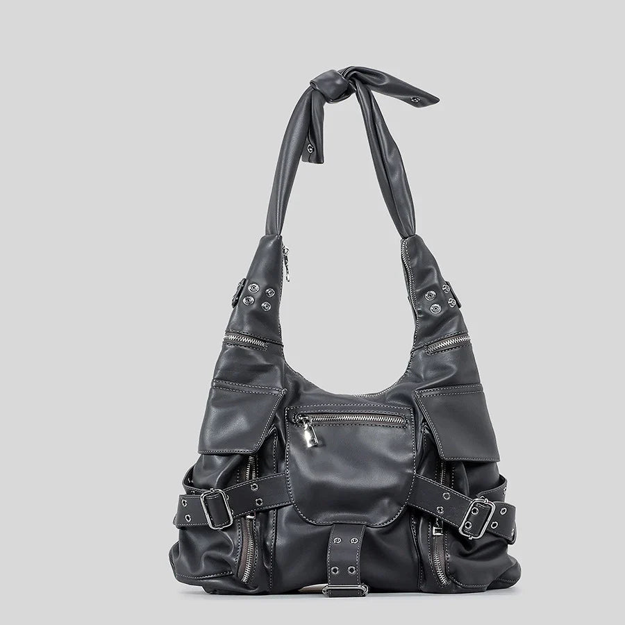 vintage Multiple pockets denim women shoulder bags punk wide strap rivet lady  handbags retro Underarm Bags Female purses 2023