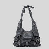 vintage Multiple pockets denim women shoulder bags punk wide strap rivet lady  handbags retro Underarm Bags Female purses 2023